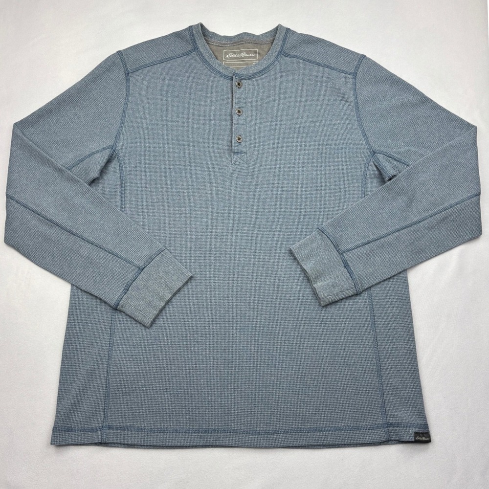 Eddie Bauer Shirt Mens Large Blue Waffle Knit Thermal Long Sleeve Henley Top L